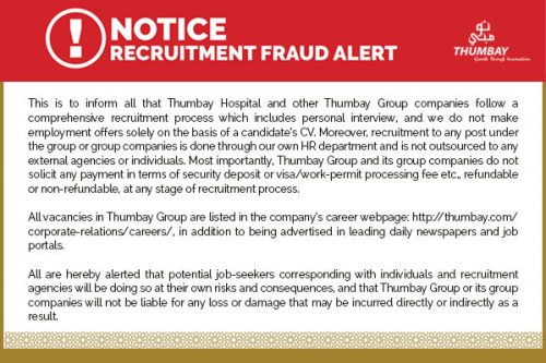 Thumbay Group Issues Alert on Fake Job Offers